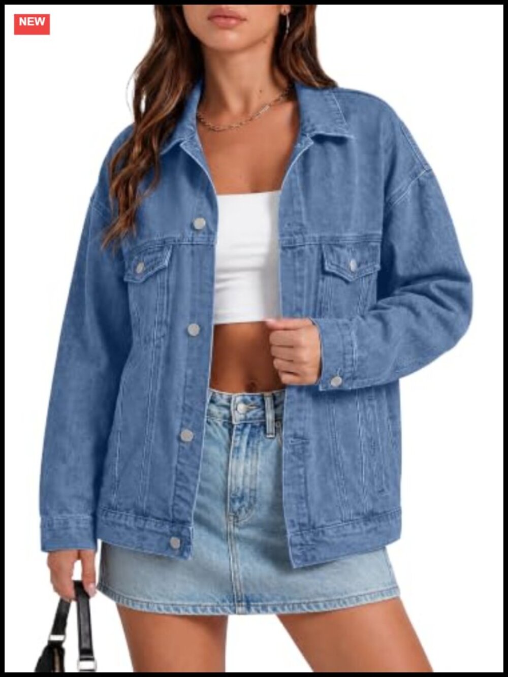 Oversized Button Down Denim Jacket Chest Pockets Drop Shoulder